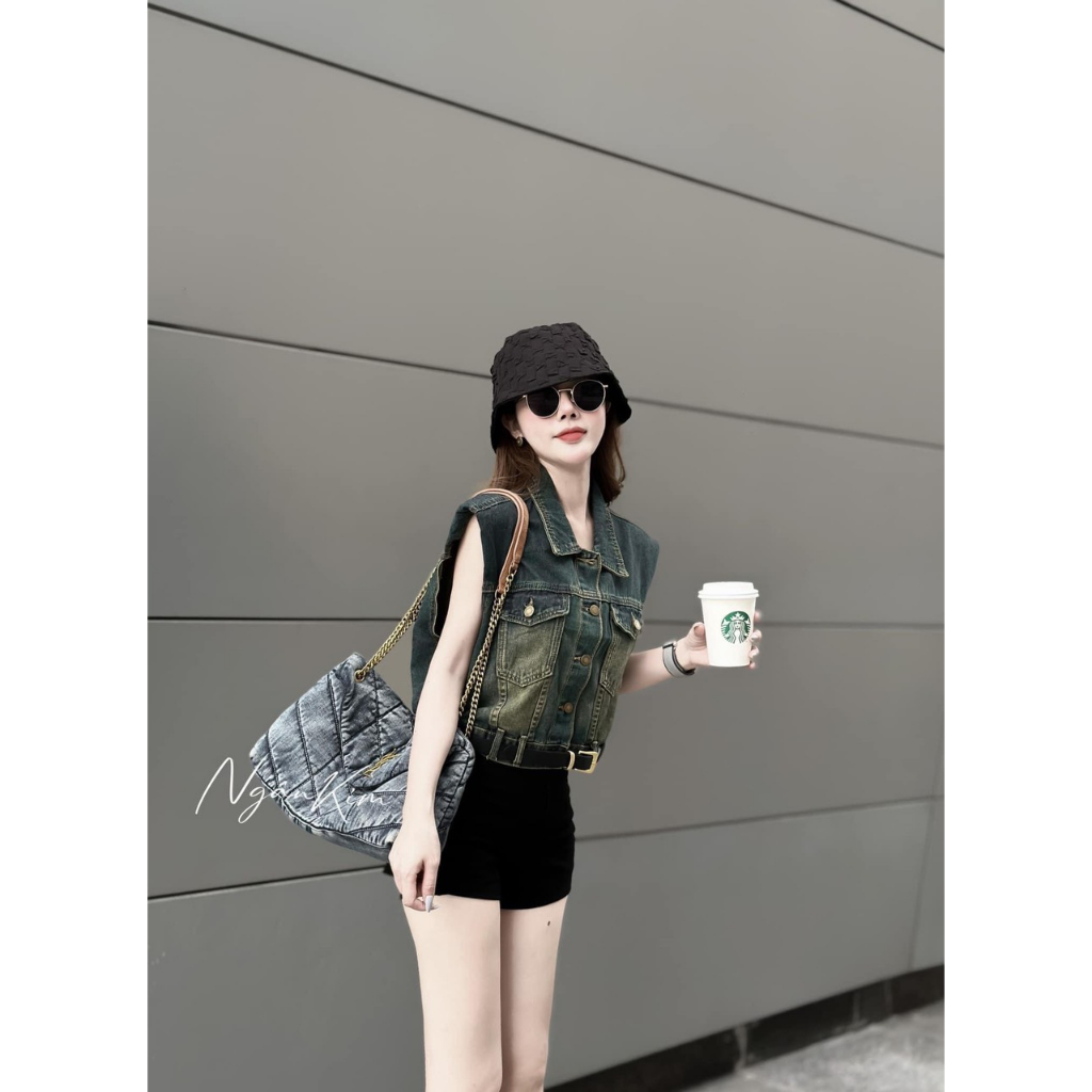 Áo khoác gile bò 2 màu đậm nhạt tặng kèm đai - Anna.Store