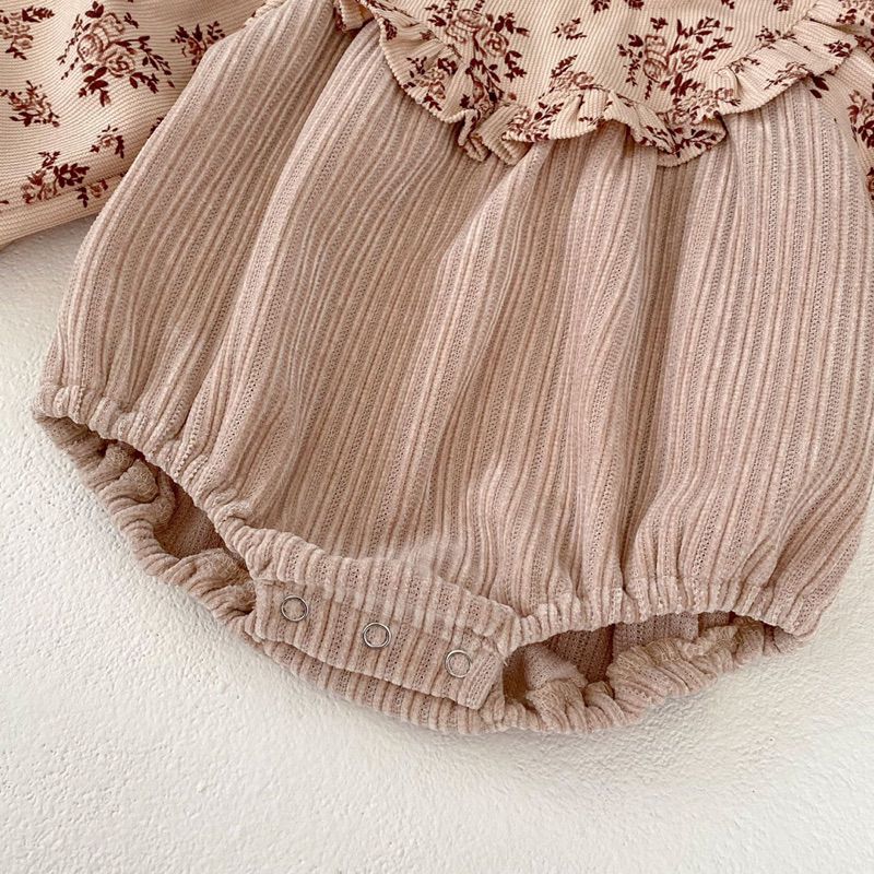 Bodysuit Tay Dài Hoạ Tiết Hoa Nâu Vải Nhung Thời Trang Thôi Nôi Sơ Sinh Bé Gái