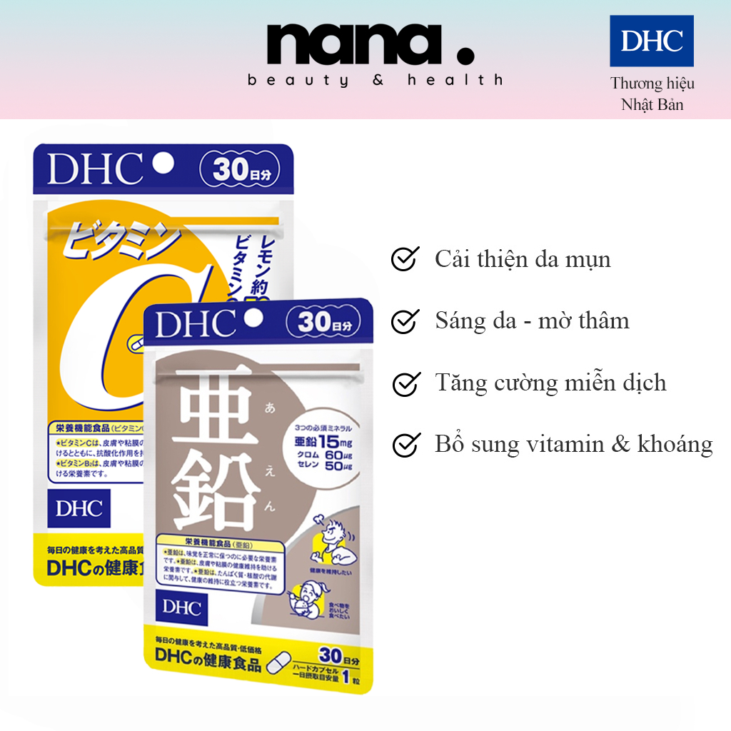 Combo Viên uống DHC Ngừa mụn Mờ thâm tăng đề kháng cơ thể 30 Ngày (Kẽm & Vitamin C)