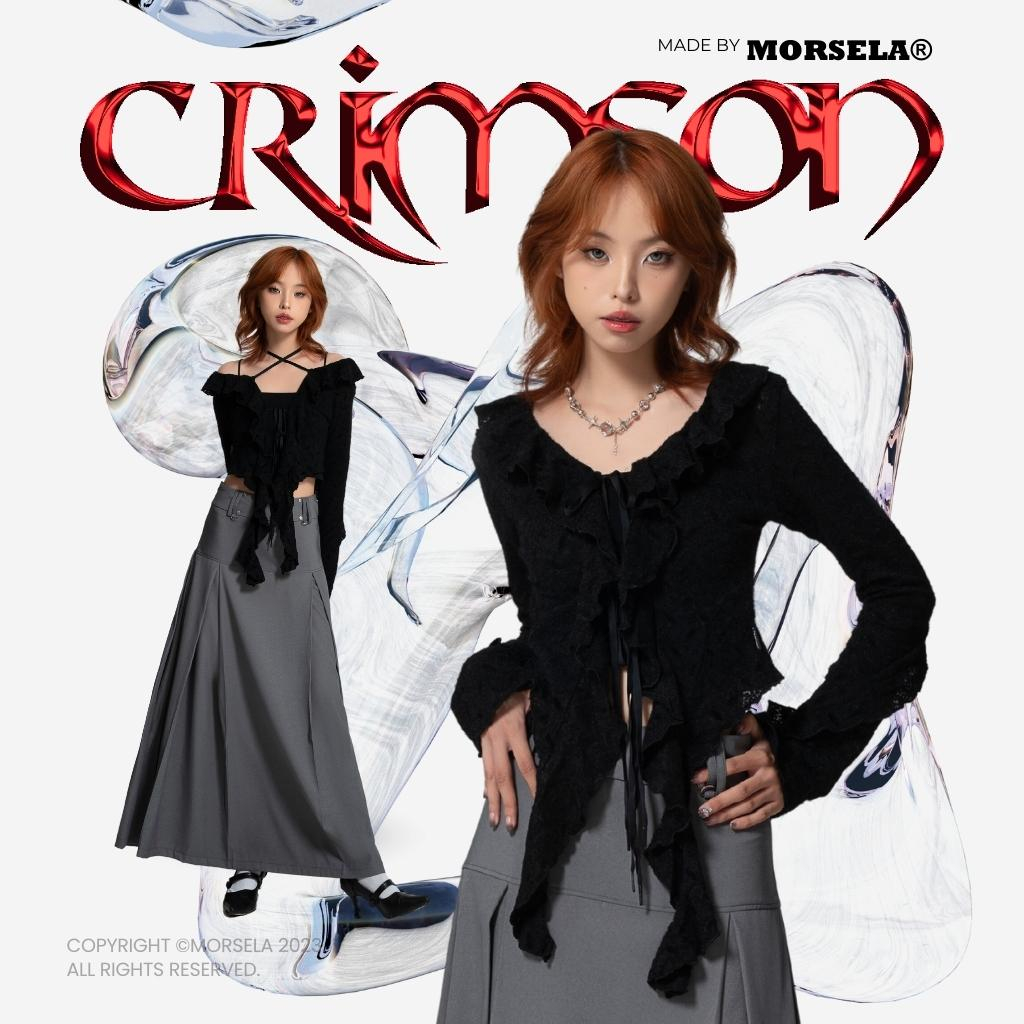 MORSELA® chính hãng - Áo croptop nữ kiểu tay dài CRIMSON phối ren lượn sóng tua rua phong cách sexy quyến rũ cá tính