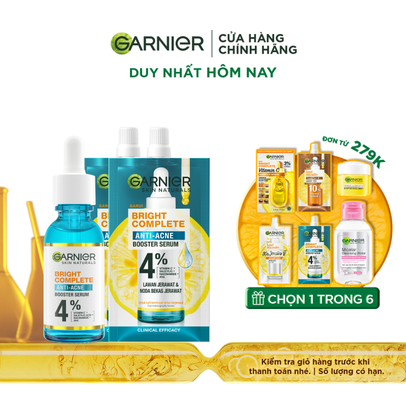 Bộ dưỡng chất ngăn ngừa, giảm mụn mờ thâm dành cho da dầu, mụn Garnier Bright Complete Anti-Acnes Booster Serum