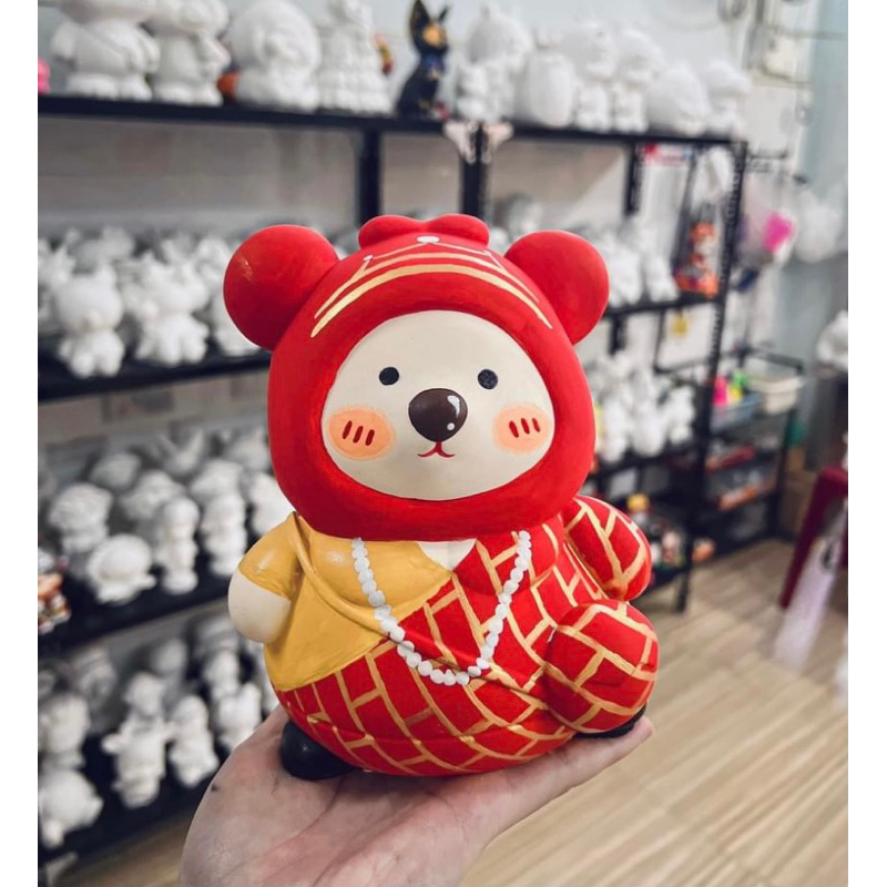 Tượng thạch cao tô màu gấu béo đeo túi chéo size lớn- Tượng tô màu cho bé tặng kèm cọ và màu vẽ acrylic
