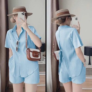 Bộ đũi sóng nhăn quần đùi áo sơ mi buộc nơ sau, hàng giá tận xưởng