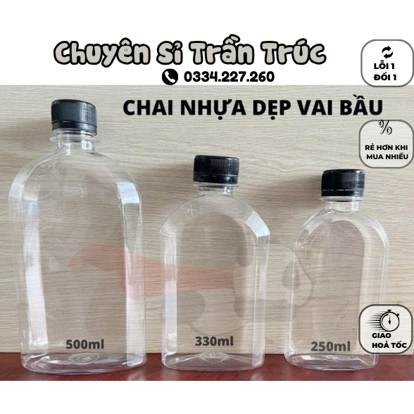 Combo 10 chai nhựa dẹp Bầu 250ml- 330ml -500ml kèm nắp đen & nắp nhôm - ChuyensiTranTruc