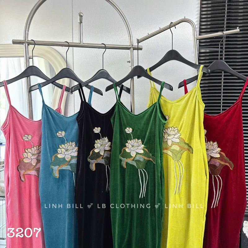 Váy Nhung Hai Dây Thêu Hoa Sen Bảng 6 Màu