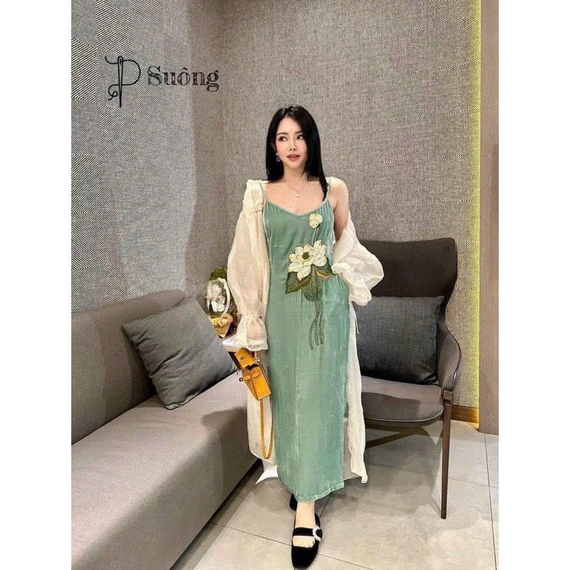 Váy Nhung Hai Dây Thêu Hoa Sen Bảng 6 Màu