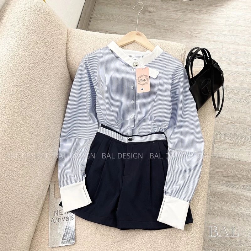 Sét áo sơ mi xanh cổ chéo tay dài vải voan mát lạnh/Roseycloset