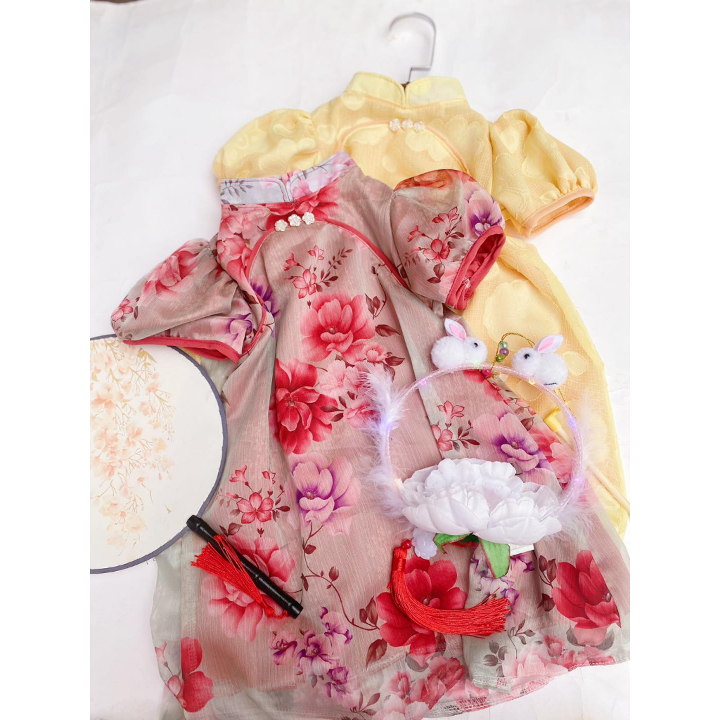 Đầm Sườn Xám Tay Ngắn Phong Cách Trung Hoa Mới 2023 Cho Bé Gái