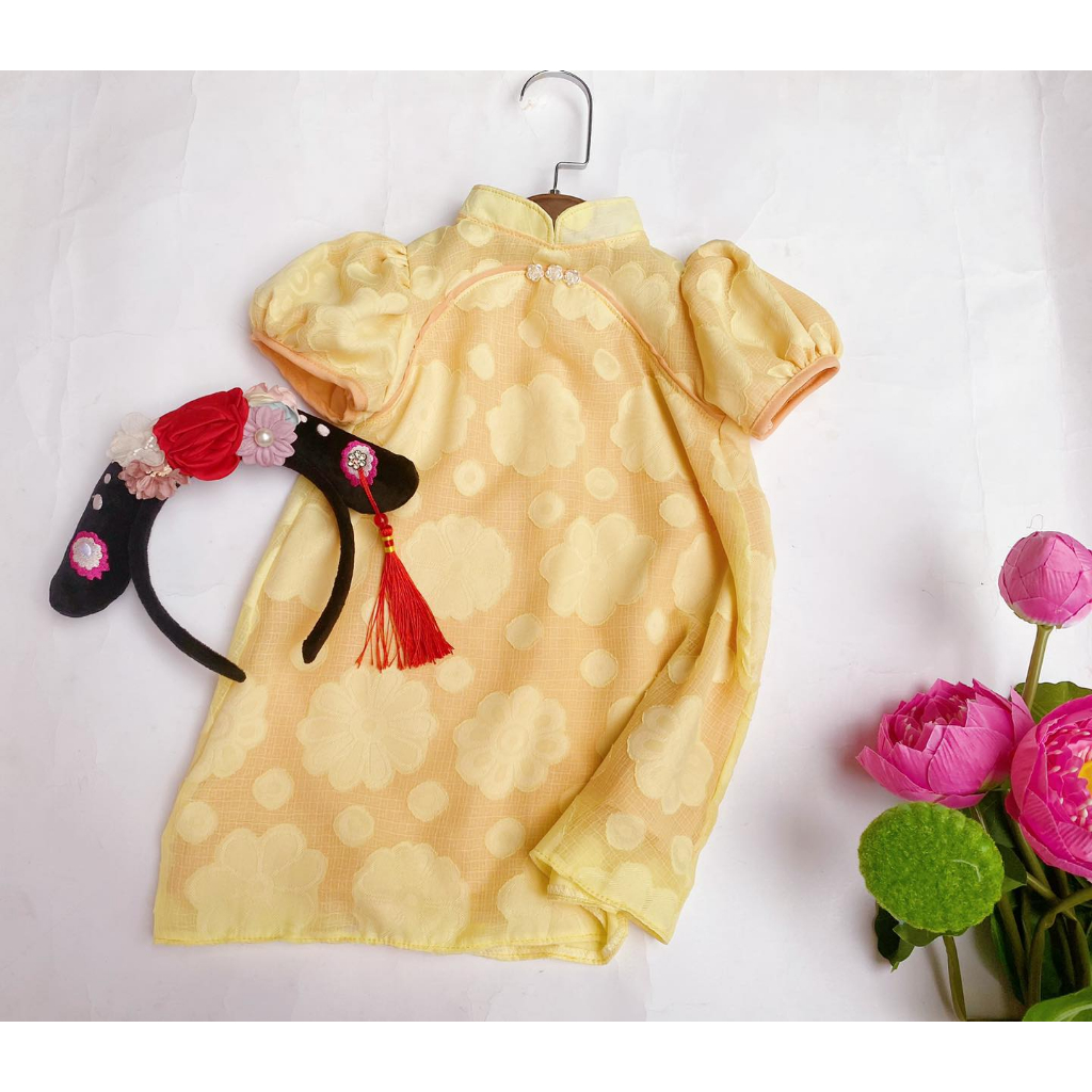 Đầm Sườn Xám Tay Ngắn Phong Cách Trung Hoa Mới 2023 Cho Bé Gái