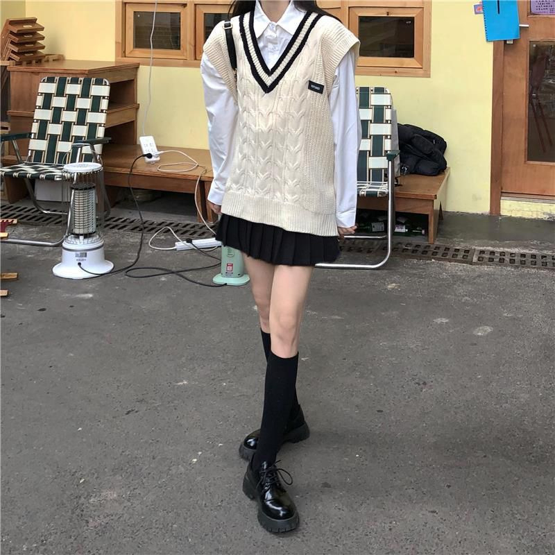 Áo Gile len nữ cổ viền sọc 2 màu chất dày dặn, Áo len form Hàn Quốc siêu xinh | BigBuy360 - bigbuy360.vn