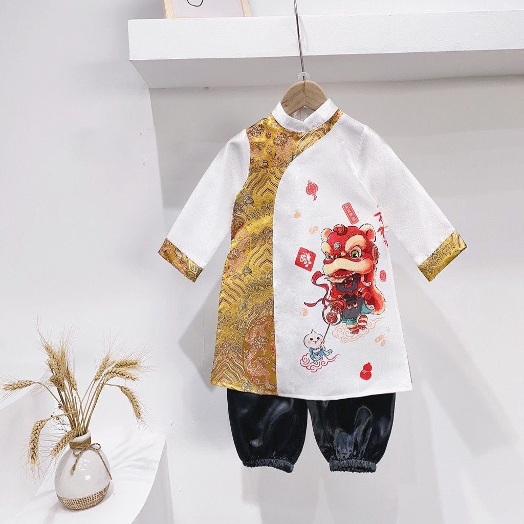 Aó dài  cách tân trung thu bé trai   in lân phối gấm