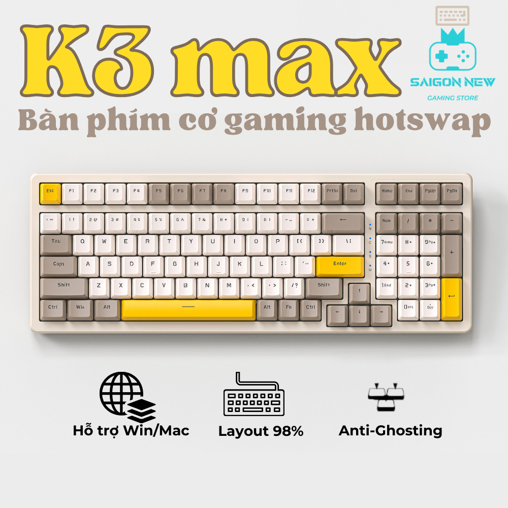Bàn Phím Cơ Gaming K3 Max Red Switch - Hỗ trợ hotswap - Thiết kế khoa học Dùng Cho Máy Tính, PC, Laptop