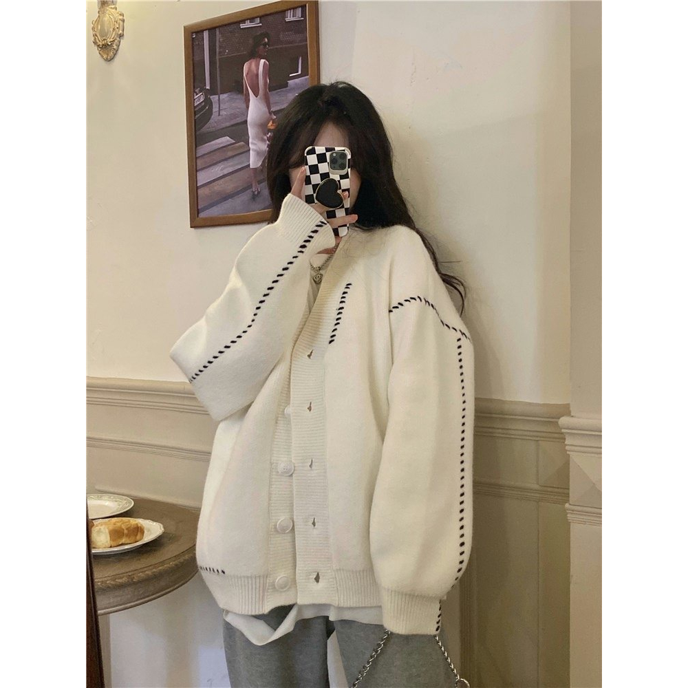 Áo cardigan len trắng phối viền sọc đen, Áo khoác ngoài thời trang thu đông form dáng Hàn Quốc
