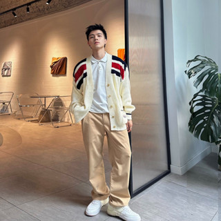 Áo Cardigan len nam nữ RvR Lucy Navy phối sọc đỏ đen, Áo khoác ngoài hottrend 2023