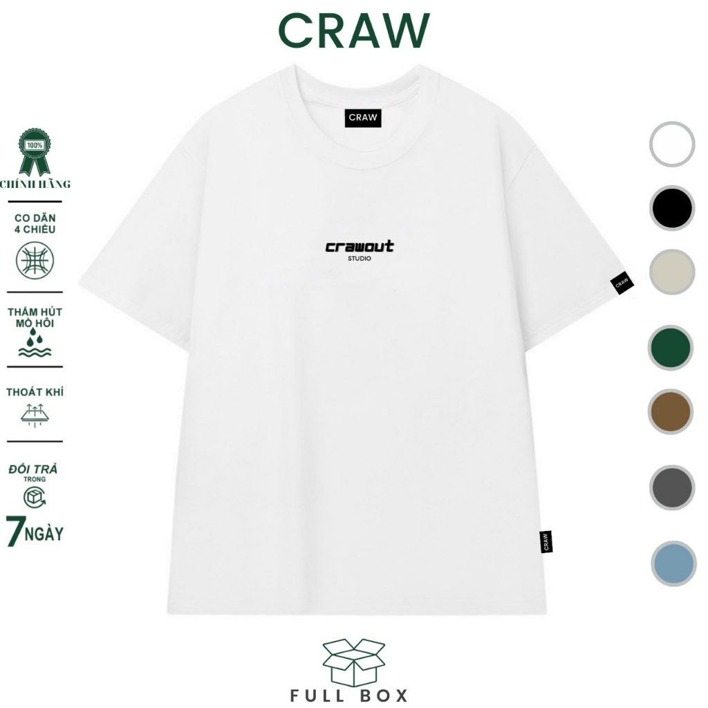 Áo thun tay lỡ CRAW phông unisex nam nữ vải coton mềm mịn, co dãn Oversize form rộng - 0086