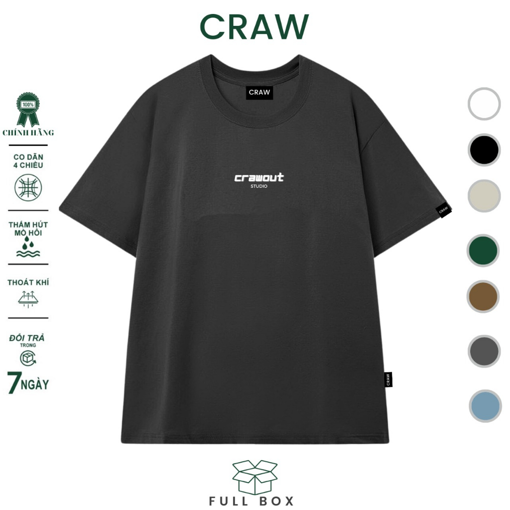 Áo thun tay lỡ CRAW phông unisex nam nữ vải coton mềm mịn, co dãn Oversize form rộng - 0086