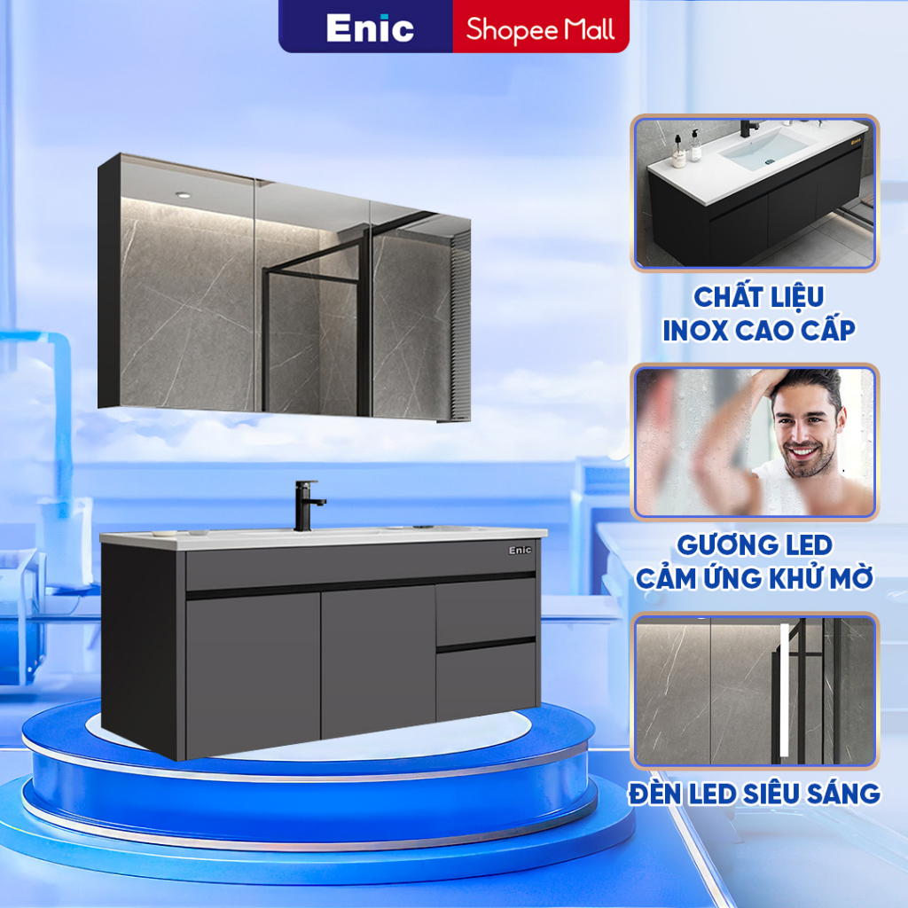 Bộ tủ lavabo kết hợp tủ gương phòng tắm Enic ST01 thiết kế sang trọng, chất liệu Inox 304 Cao Cấp chống gỉ , BH 5 năm