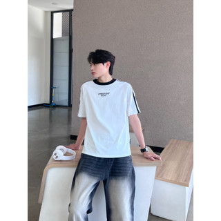 Áo thun form Boxy phối sọc 100% cotton co giãn 2 chiều