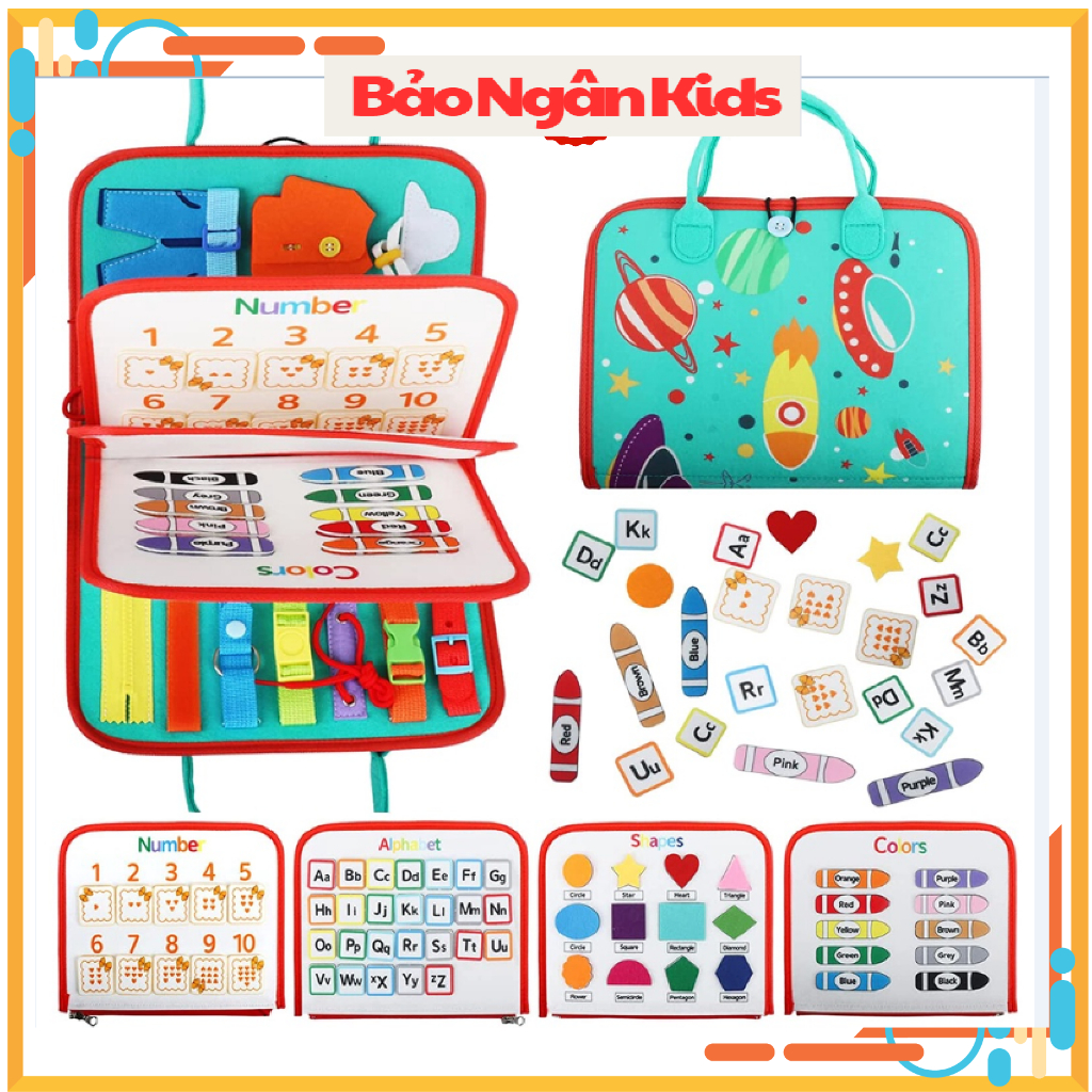Bảng bận rộn, cặp bận rộn busy board, sách vải kỹ năng nhận biết viết vẽ tô xóa và bóc dán montessori cho bé