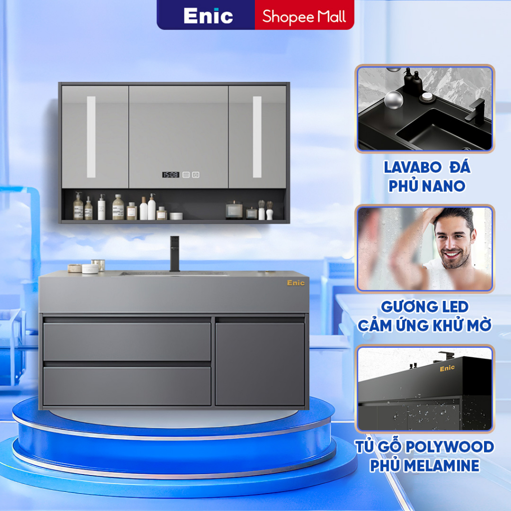 Bộ tủ lavabo và tủ gương phòng tắm cao cấp Enic T03 chất liệu Polywood chống thấm nước và đá nano chống trầy, BH 5 năm