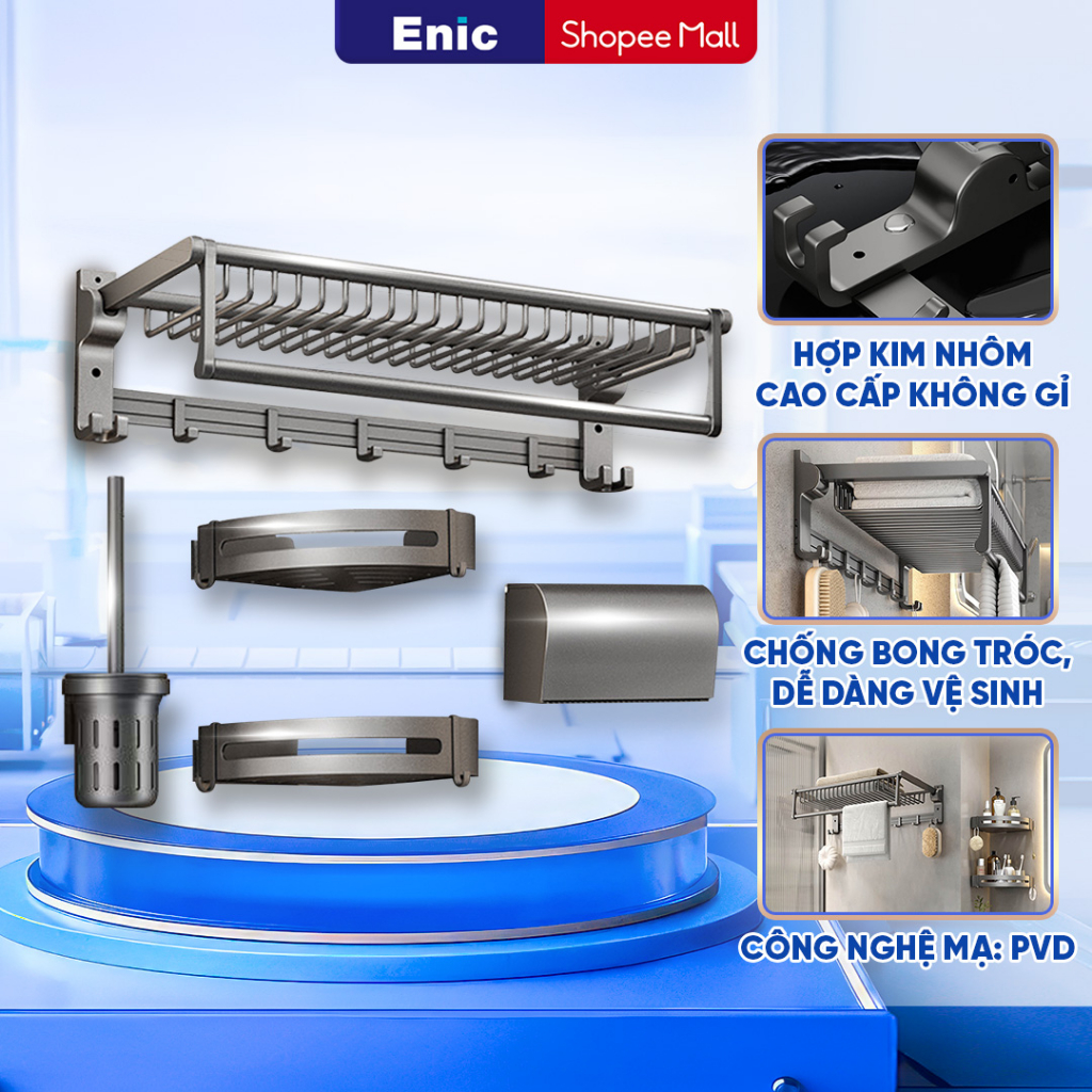 Giá treo khăn tắm nhôm gắn tường gấp gọn Enic - Hộp đựng giấy vệ sinh - Kệ phòng tắm 2 tầng đa năng - Chổi cọ toilet