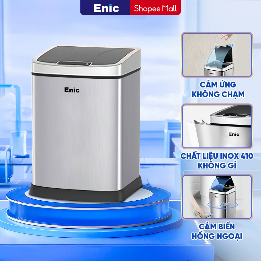 Thùng rác thông minh Enic tự động đóng mở nắp, cảm ứng quét tay đá chân, thiết kế khép kín khoá mùi, chất liệu inox 410