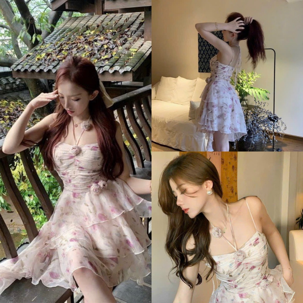 Đầm váy nữ 2 dây xòe bèo tầng sang chảnh họa tiết bông cổ dễ thương mix bông eo tôn dáng xinh xắn dự tiệc đi chơi