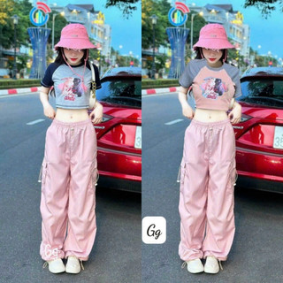  Sét bộ áo croptop thun gân họa tiết in hình dễ thương mix quần dài rộng rộng túi rộng tôn dáng trẻ trung thể thao