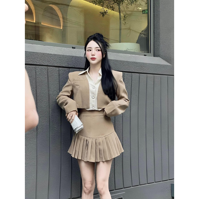 Set 3 Món Áo Sơ Mi, Áo Khoác Vest Croptop, Chân Váy Ngắn Xếp Ly