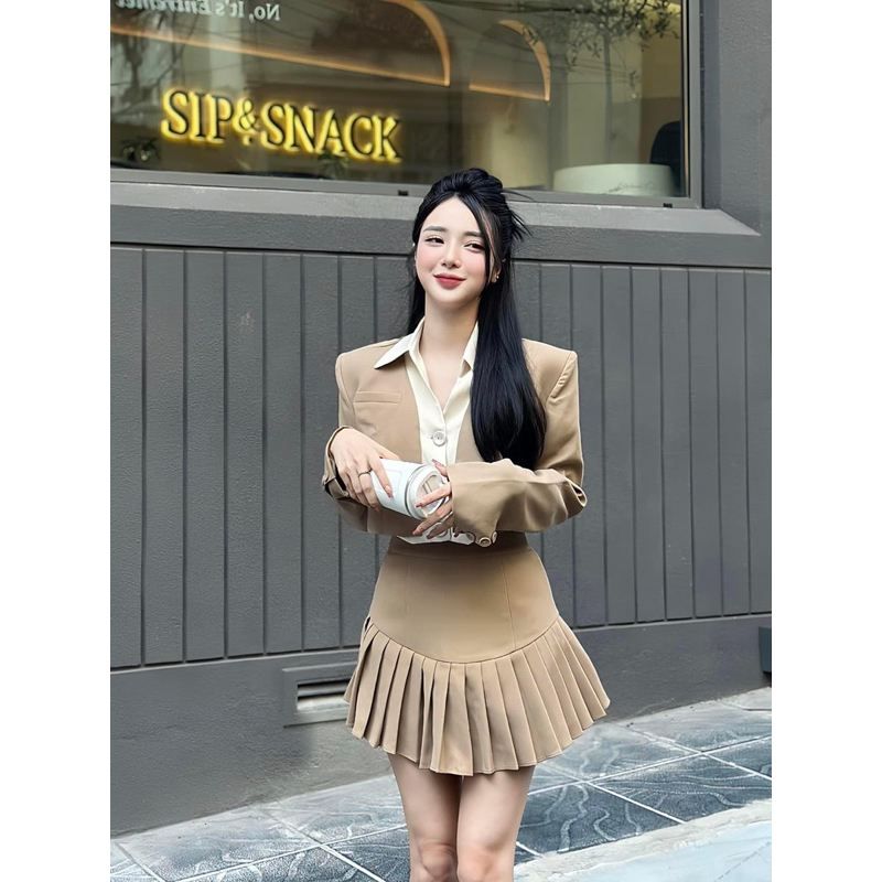 Set 3 Món Áo Sơ Mi, Áo Khoác Vest Croptop, Chân Váy Ngắn Xếp Ly