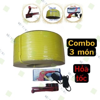 Combo kìm nhiệt kẹp dây đai nhựa pp, gồm có 3 món siết căng dây, kẹp nhiệt hàn dây, 10kg dây đai pp loại tốt