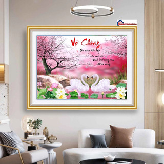 Tranh đính đá VS250 (80cm x 56cm), tranh thêu chữ thập vợ chồng công DV6252 (63cm x 47cm)