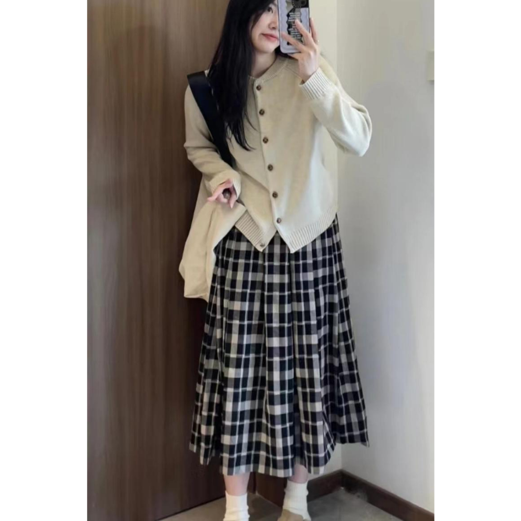 Áo len cardigan váy kẻ sọc basic phong cách nhật bản,Bộ trang phục mùa xuân thu nữ áo len váy chữ A đẹp 3290