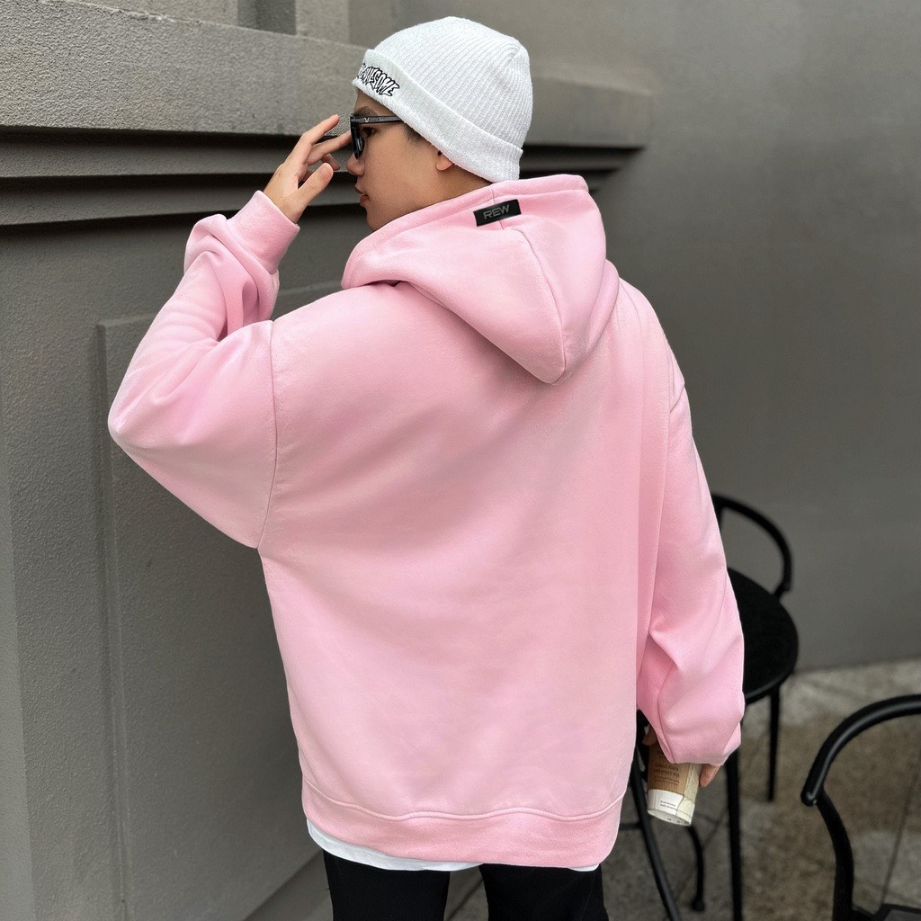 Áo Hoodie Unisex REW Màu Hồng Mũ Trùm 2 Lớp Chất Nỉ Cotton