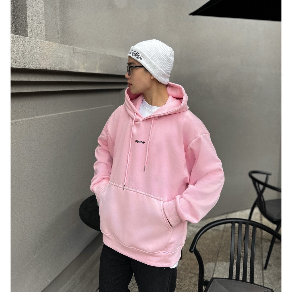 Áo Hoodie Unisex REW Màu Hồng Mũ Trùm 2 Lớp Chất Nỉ Cotton
