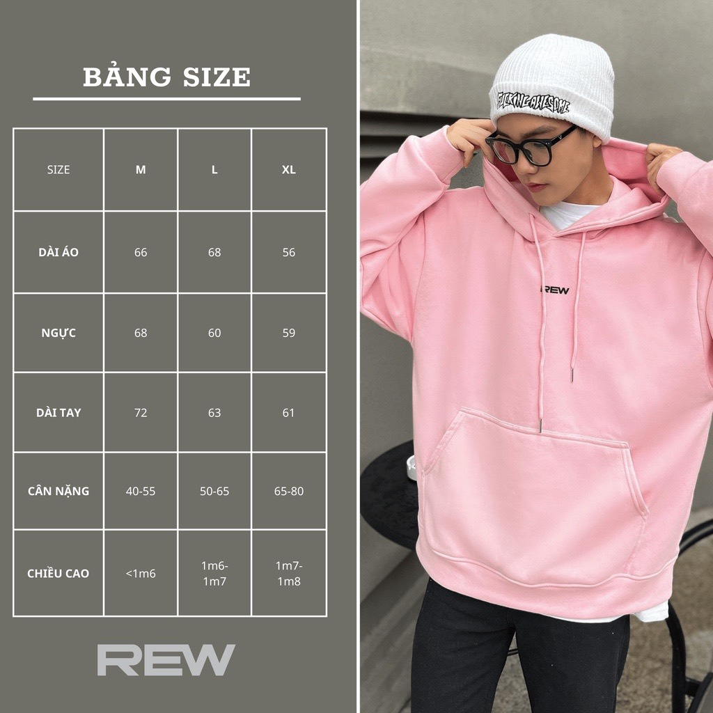 Áo Hoodie Unisex REW Màu Hồng Mũ Trùm 2 Lớp Chất Nỉ Cotton