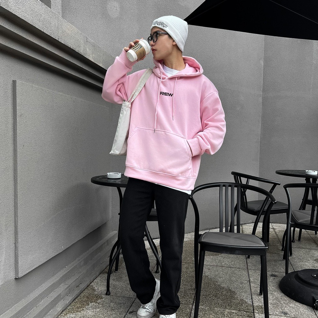 Áo Hoodie Unisex REW Màu Hồng Mũ Trùm 2 Lớp Chất Nỉ Cotton