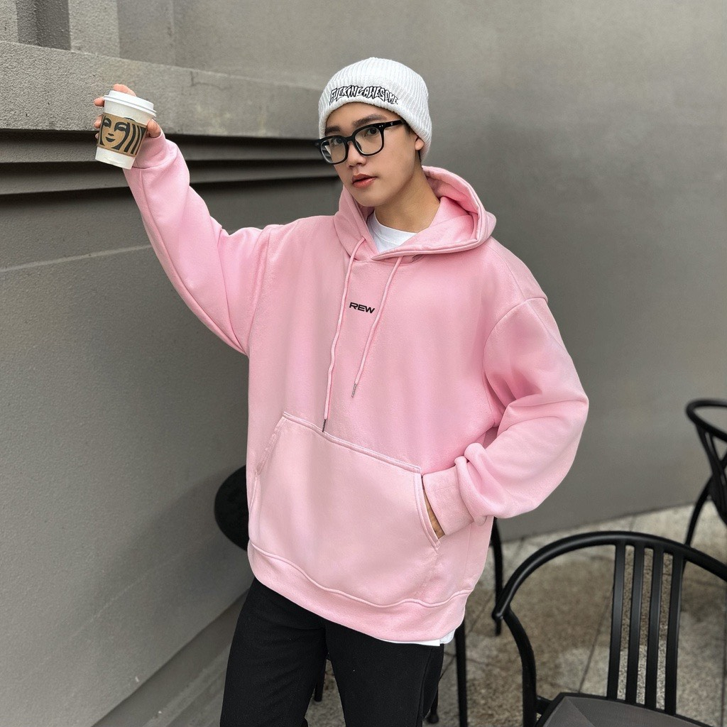 Áo Hoodie Unisex REW Màu Hồng Mũ Trùm 2 Lớp Chất Nỉ Cotton