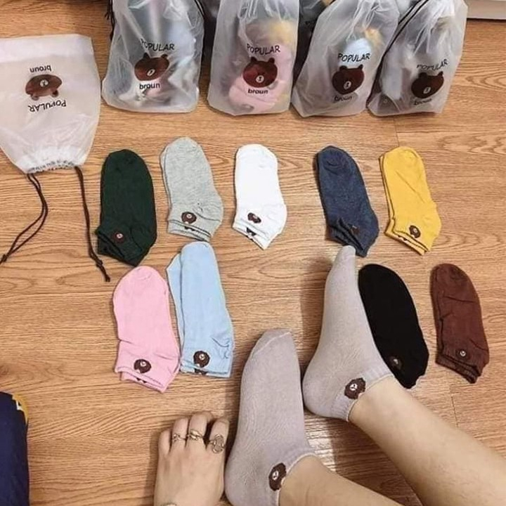 Combo 10 đôi tất nữ cổ ngắn hình gấu kute kèm túi rút