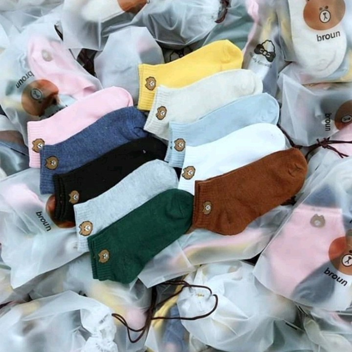 Combo 10 đôi tất nữ cổ ngắn hình gấu kute kèm túi rút