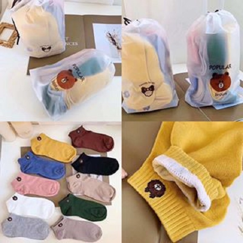 Combo 10 đôi tất nữ cổ ngắn hình gấu kute kèm túi rút