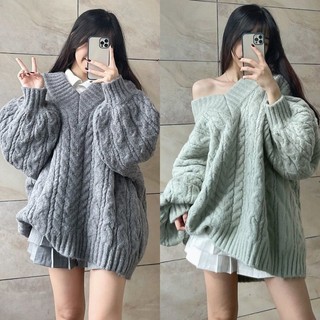 Áo len xoắn cổ chữ V dáng rộng có bigsize