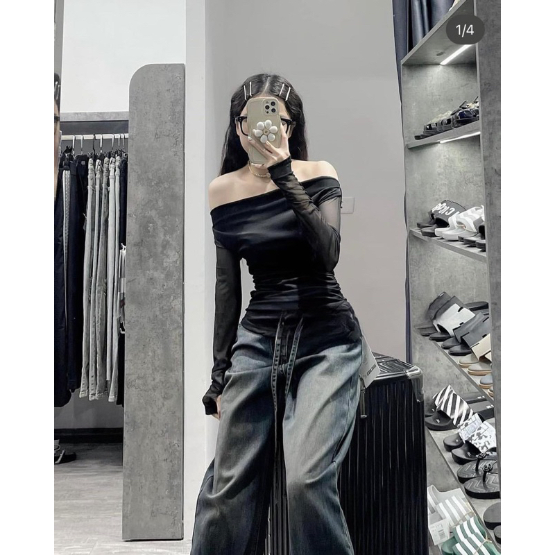 Áo Lưới Trễ Vai Dài Tay đen trơn Thuỳ Ngô Thanh Store