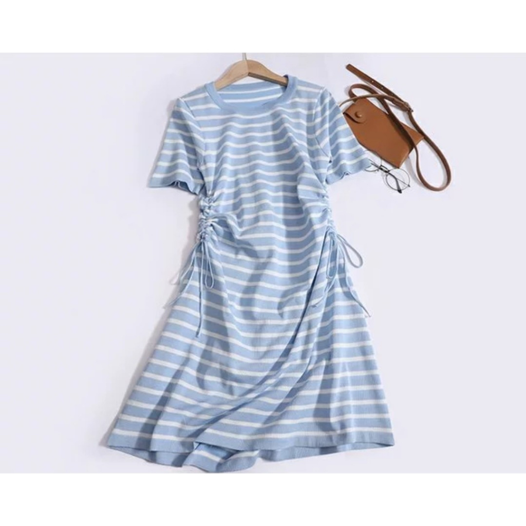 Đầm Dệt Kim Dáng Dài Kiểu Dáng Tay Ngắn Thiết Kế Sọc Ngang Thời Trang - Nhím Xù Shop