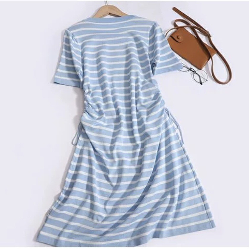 Đầm Dệt Kim Dáng Dài Kiểu Dáng Tay Ngắn Thiết Kế Sọc Ngang Thời Trang - Nhím Xù Shop