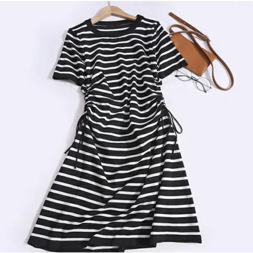 Đầm Dệt Kim Dáng Dài Kiểu Dáng Tay Ngắn Thiết Kế Sọc Ngang Thời Trang - Nhím Xù Shop