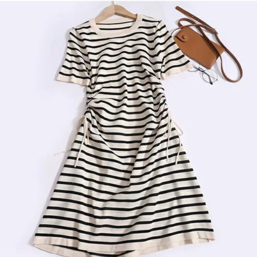 Đầm Dệt Kim Dáng Dài Kiểu Dáng Tay Ngắn Thiết Kế Sọc Ngang Thời Trang - Nhím Xù Shop