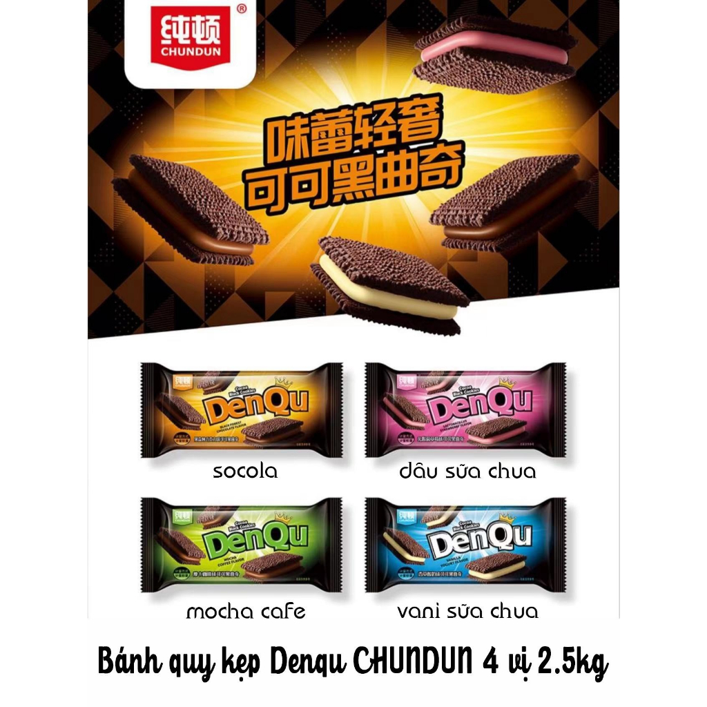 Combo 1000g Bánh quy kẹp kem Denqu Chundun Vị matcha, socola, dâu tây, sữa thơm ngon ăn vặt đã nghiền