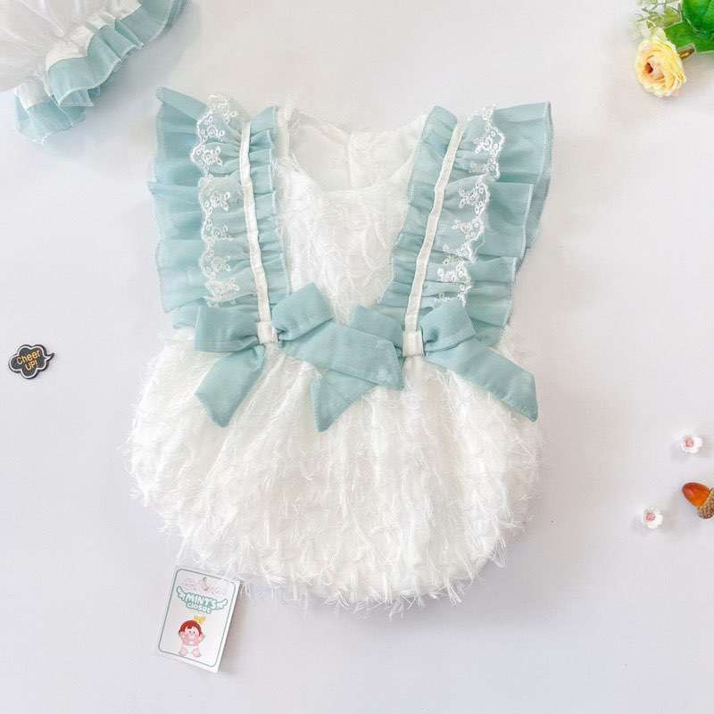 Body suit ren lông trắng phối tơ xanh kèm mũ 3-11 Kg,Body cho bé gái đầy tháng thôi nôi mềm mịn