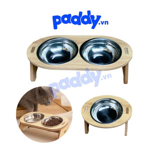 Bát Ăn Inox Kệ Gỗ Chống Gù Lưng Cho Chó Mèo